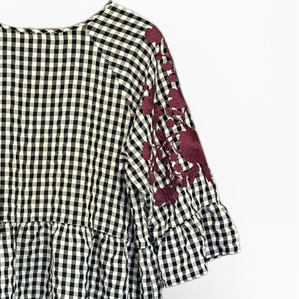 Layerz Clothing Embroidered Top Pink Black Gingham Peasant Ruffled Size XL - Picture 5 of 11